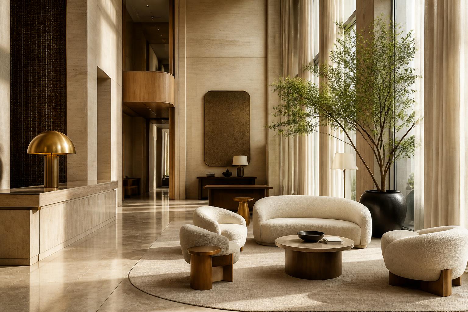 Sunlit luxury hotel lobby with travertine stone, warm oak, and ivory bouclé furnishings