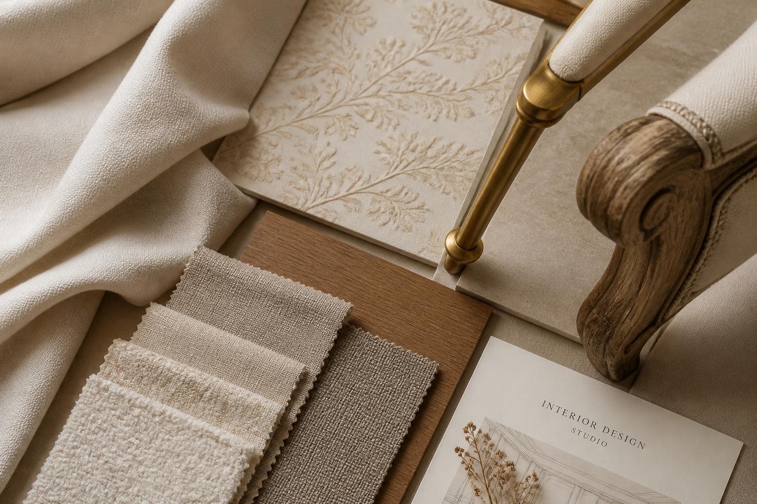 Curated interior products: curtain fabric, upholstery swatches, wall coverings, and a furniture detail